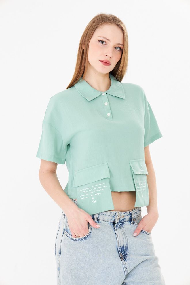 Sortie Collection Green Casual Crop Blouse With Polo Neck Wholesale Clothing 5