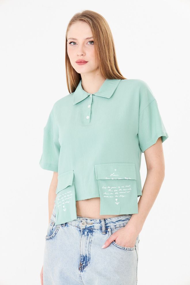 Sortie Collection Green Casual Crop Blouse With Polo Neck Wholesale Clothing Work