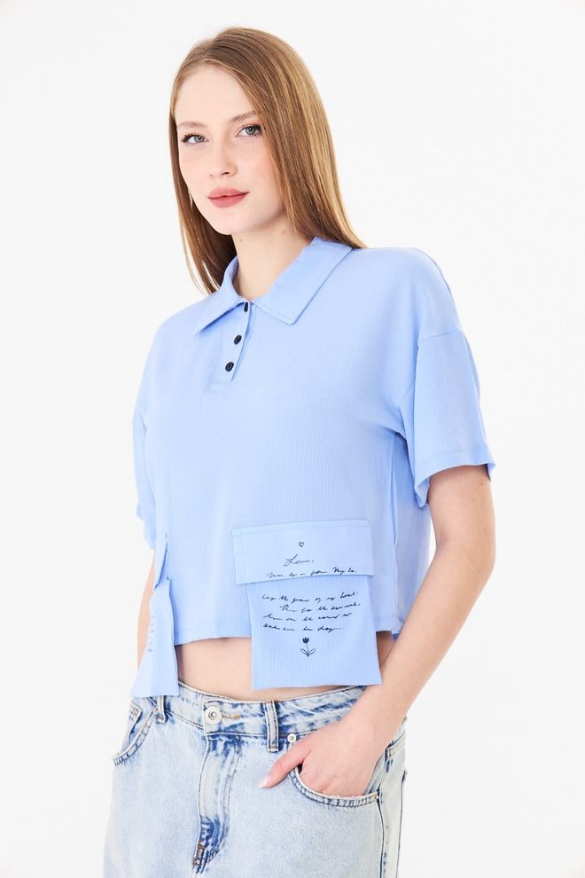 Sortie Collection Blue Shirt Casual Letter Print Crop Polo Neck Wholesale Clothing 5