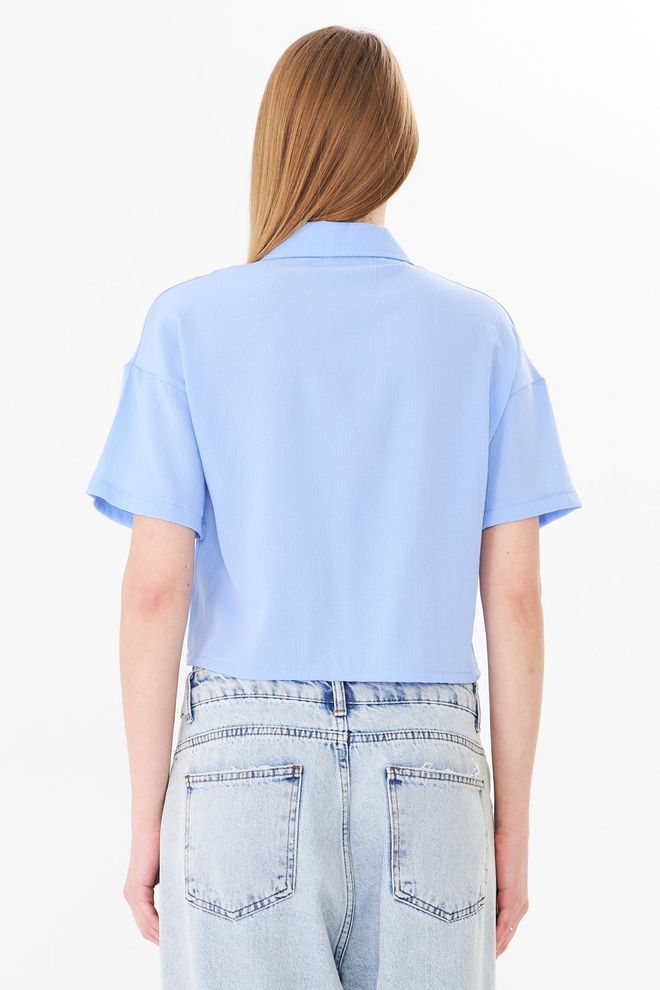 Sortie Collection Blue Shirt Casual Letter Print Crop Polo Neck Wholesale Clothing Lounge