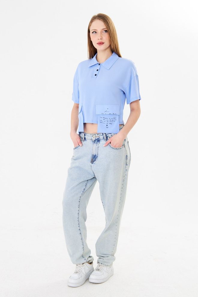 Sortie Collection Blue Shirt Casual Letter Print Crop Polo Neck Wholesale Clothing Streetwear