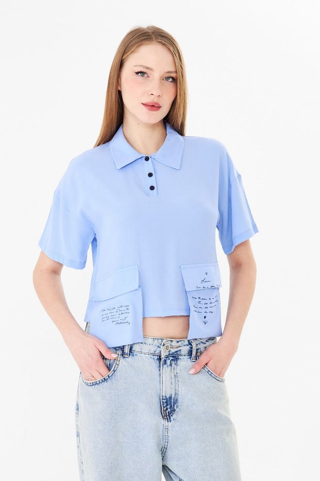 Sortie Collection Blue Shirt Casual Letter Print Crop Polo Neck Wholesale Clothing 1