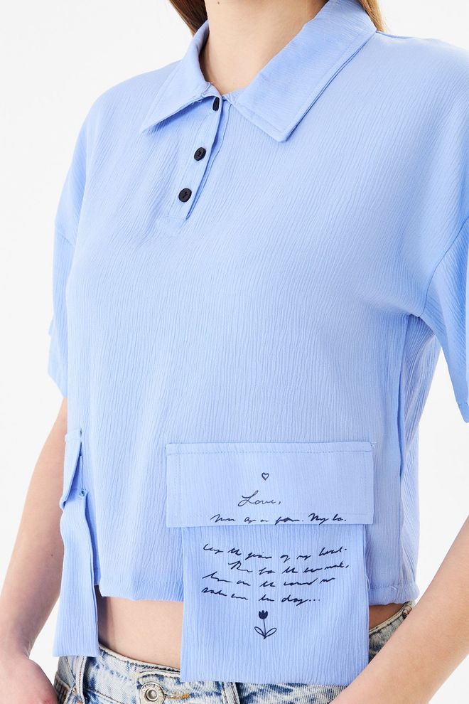 Sortie Collection Blue Shirt Casual Letter Print Crop Polo Neck Wholesale Clothing Spring