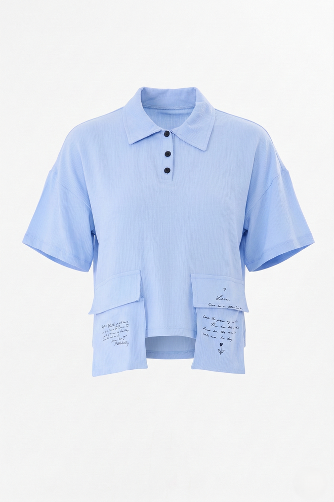 Sortie Collection Blue Shirt Casual Letter Print Crop Polo Neck Wholesale Clothing Casual