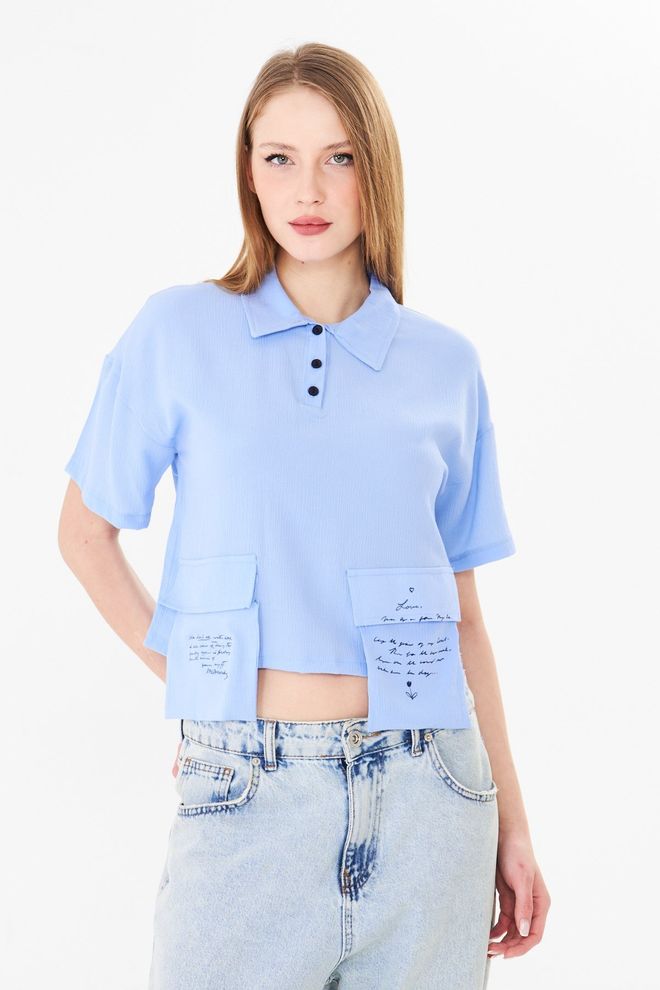 Sortie Collection Blue Shirt Casual Letter Print Crop Polo Neck Wholesale Clothing Summer