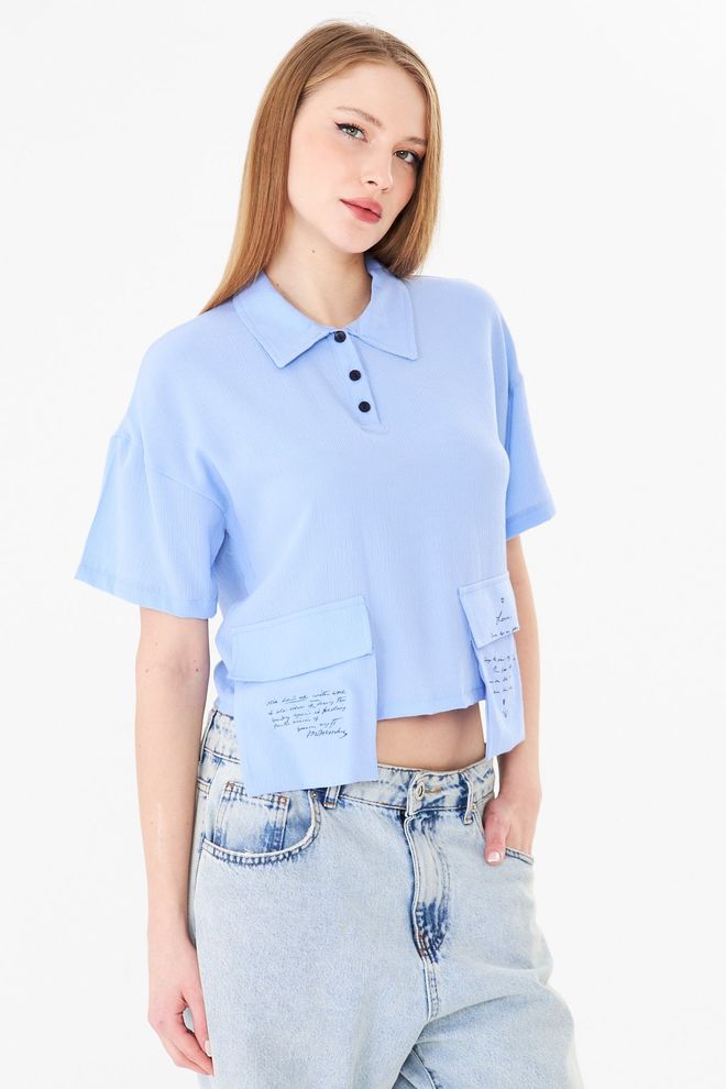 Sortie Collection Blue Shirt Casual Letter Print Crop Polo Neck Wholesale Clothing Work