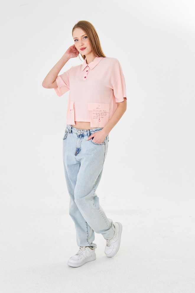 Sortie Collection Pink Blouse – Casual Cute Cropped Letter Print Polo Wholesale Clothing Streetwear