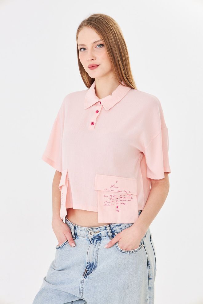 Sortie Collection Pink Blouse – Casual Cute Cropped Letter Print Polo Wholesale Clothing 1