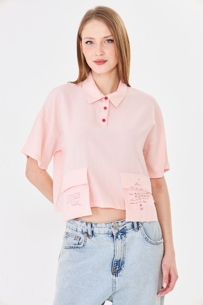 Sortie Collection Pink Blouse – Casual Cute Cropped Letter Print Polo Wholesale Clothing 5