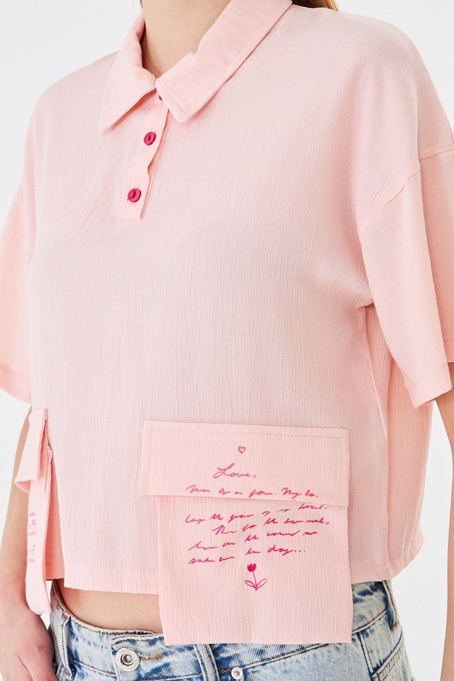 Sortie Collection Pink Blouse – Casual Cute Cropped Letter Print Polo Wholesale Clothing Spring