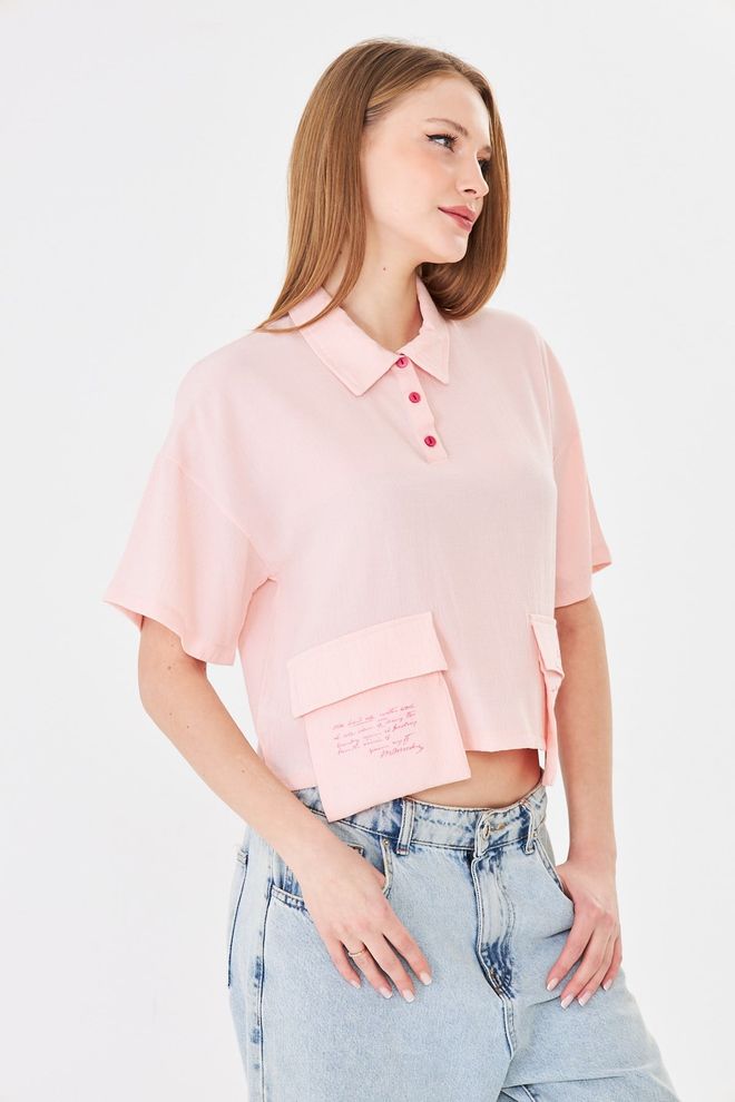 Sortie Collection Pink Blouse – Casual Cute Cropped Letter Print Polo Wholesale Clothing Work