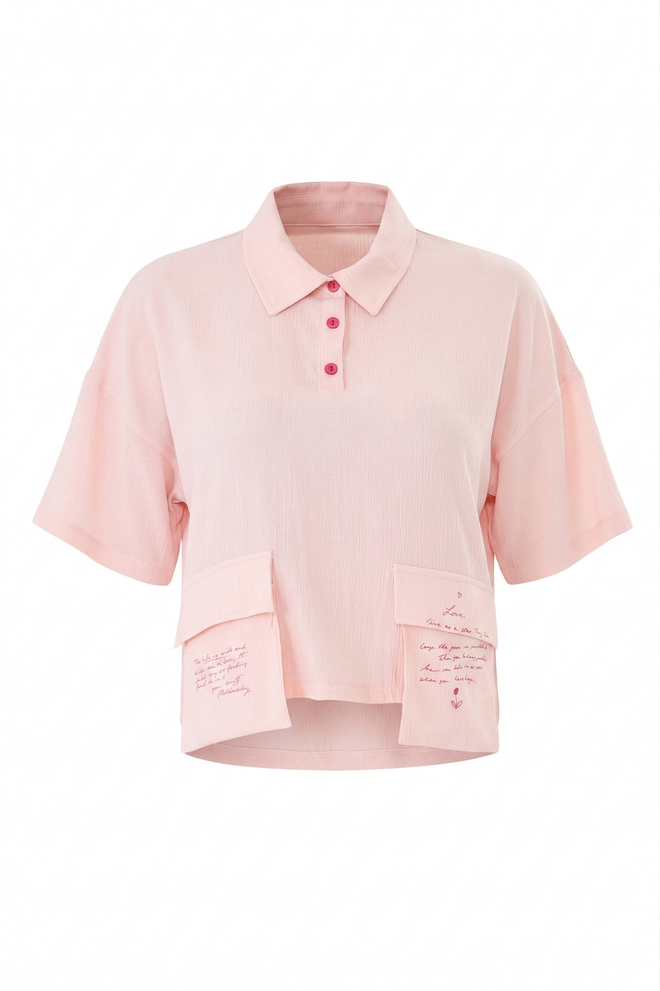 Sortie Collection Pink Blouse – Casual Cute Cropped Letter Print Polo Wholesale Clothing Casual