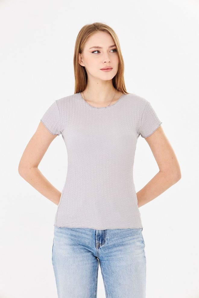 Sortie Collection Watermelon Sleeve Ruffle Textured Fit Basic Tshirt Grey Wholesale Clothing 4