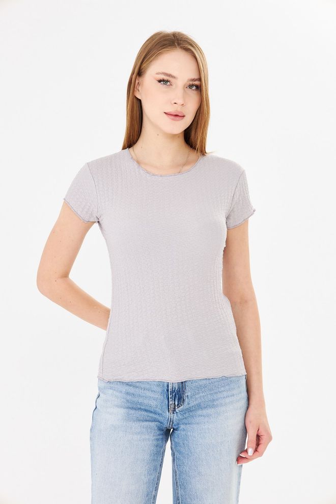 Sortie Collection Watermelon Sleeve Ruffle Textured Fit Basic Tshirt Grey Wholesale Clothing 1