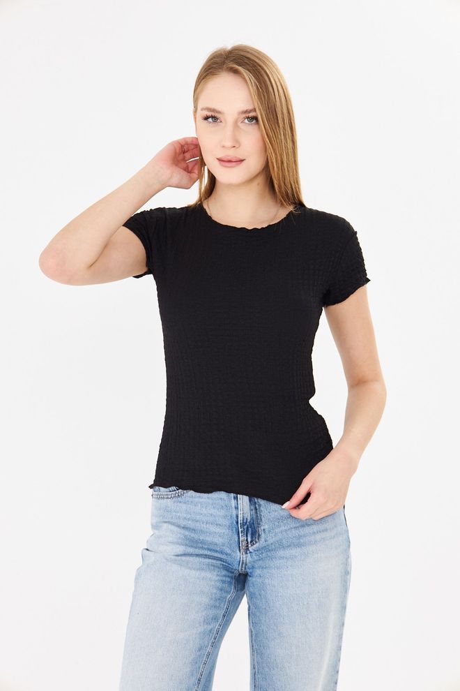 Sortie Collection Watermelon Sleeve Ruffle Textured Fit Basic Tshirt Black Wholesale Clothing 1