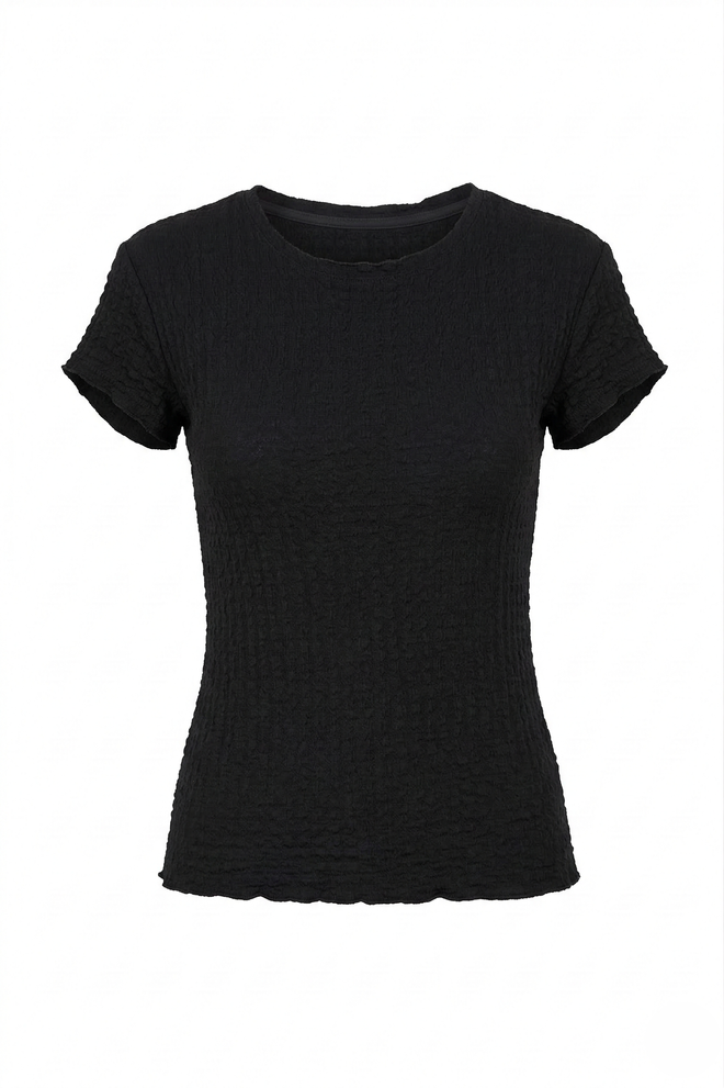Sortie Collection Basic T shirt Met Ruches En Getextureerde Pasvorm Met Watermeloenmouwen Zwart Groothandel Kleding 0