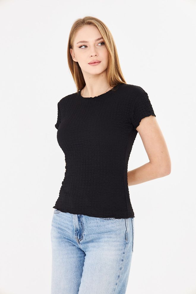 Sortie Collection Watermelon Sleeve Ruffle Textured Fit Basic Tshirt Black Wholesale Clothing 7