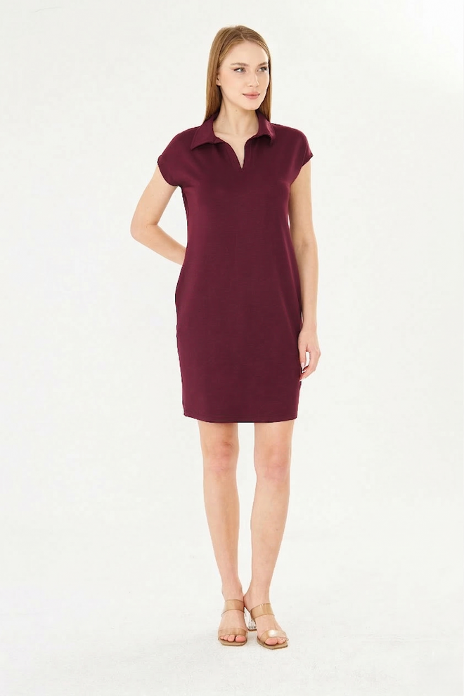 Sortie Collection Claret Red Dress Casual Preppy Shirt Knee Length Wholesale Clothing Summer