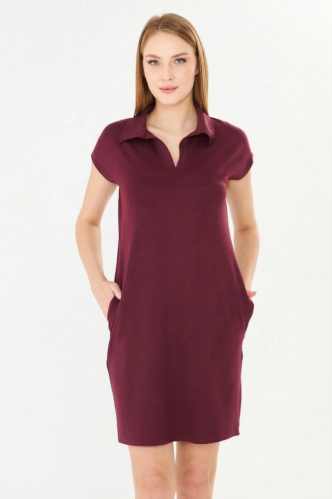 Sortie Collection Claret Red Dress Casual Preppy Shirt Knee Length Wholesale Clothing Work