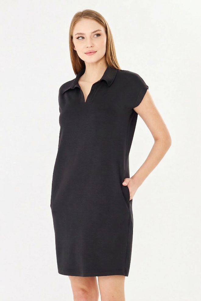 Sortie Collection Black Shirt Mini Dress With Polo Neck & Cap Sleeves Wholesale Clothing 5