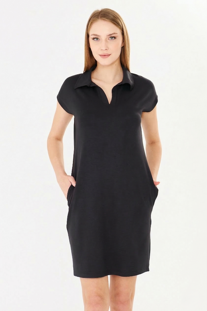 Sortie Collection Black Shirt Mini Dress With Polo Neck & Cap Sleeves Wholesale Clothing 4