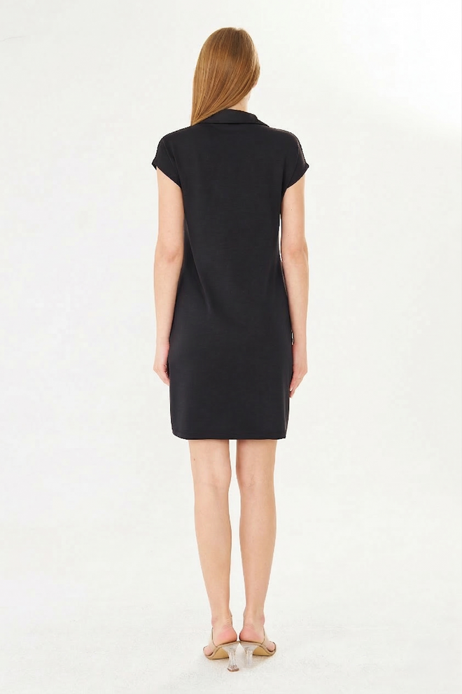 Sortie Collection Black Shirt Mini Dress With Polo Neck & Cap Sleeves Wholesale Clothing 1