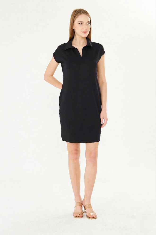 Sortie Collection Black Shirt Mini Dress With Polo Neck & Cap Sleeves Wholesale Clothing Spring