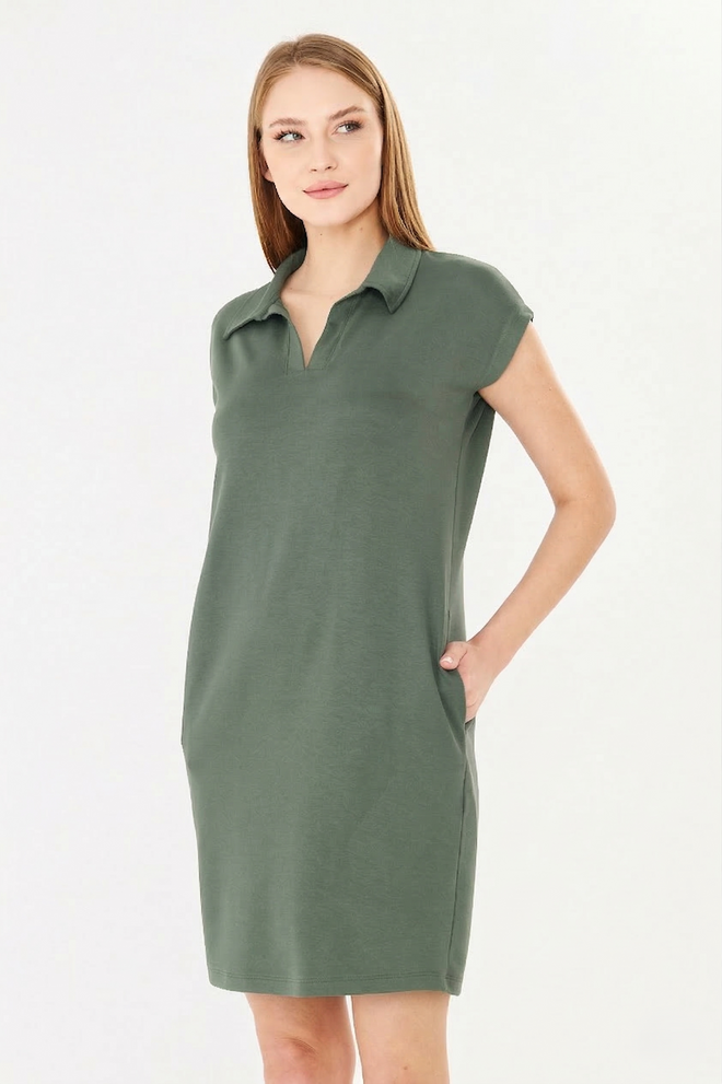 Sortie Collection Polo Yaka Cepli Rahat Kesim Modal Elbise Haki Toptan Giyim 0