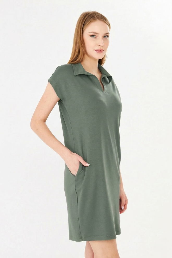Sortie Collection Casual Fit Modal Dress Khaki With Polo Collar Pockets Wholesale Clothing 5