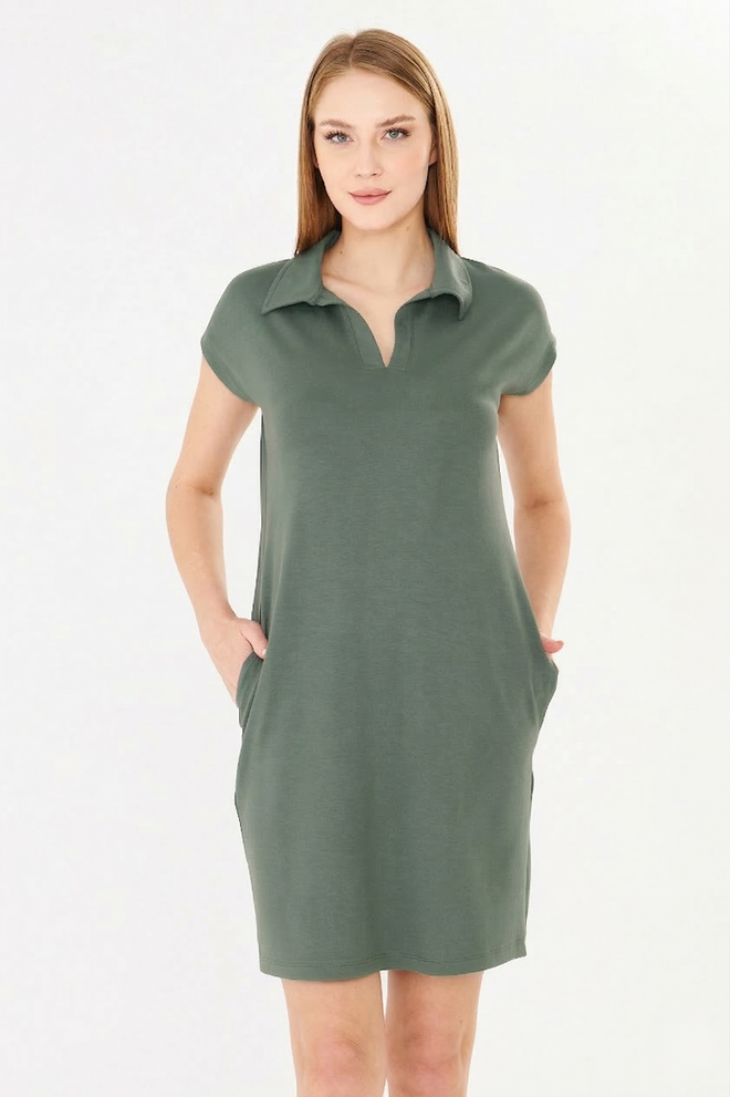 Sortie Collection Casual Fit Modal Dress Khaki With Polo Collar Pockets Wholesale Clothing 6