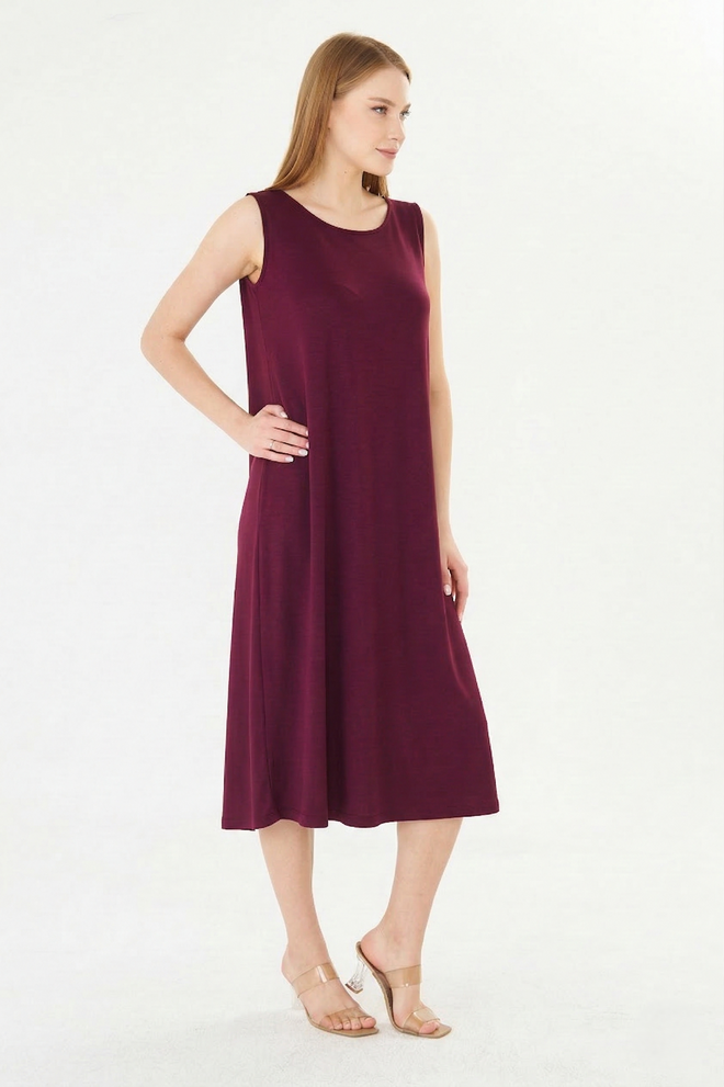 Sortie Collection Claret Red A Line Midi Dress Sleeveless Round Neck Wholesale Clothing Formal