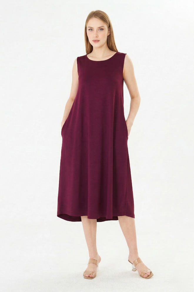 Sortie Collection Claret Red A Line Midi Dress Sleeveless Round Neck Wholesale Clothing 5