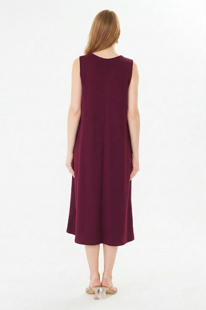 Sortie Collection Claret Red A Line Midi Dress Sleeveless Round Neck Wholesale Clothing 1
