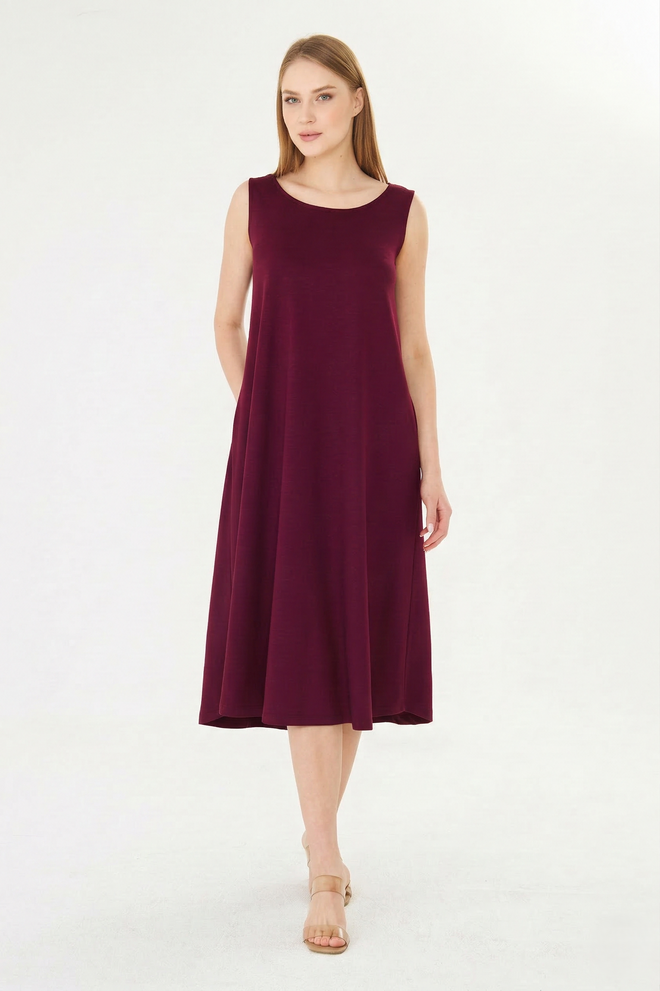 Sortie Collection Vestito Bordeaux A Line Midi Senza Maniche Girocollo Abbigliamento all'ingrosso Casuale