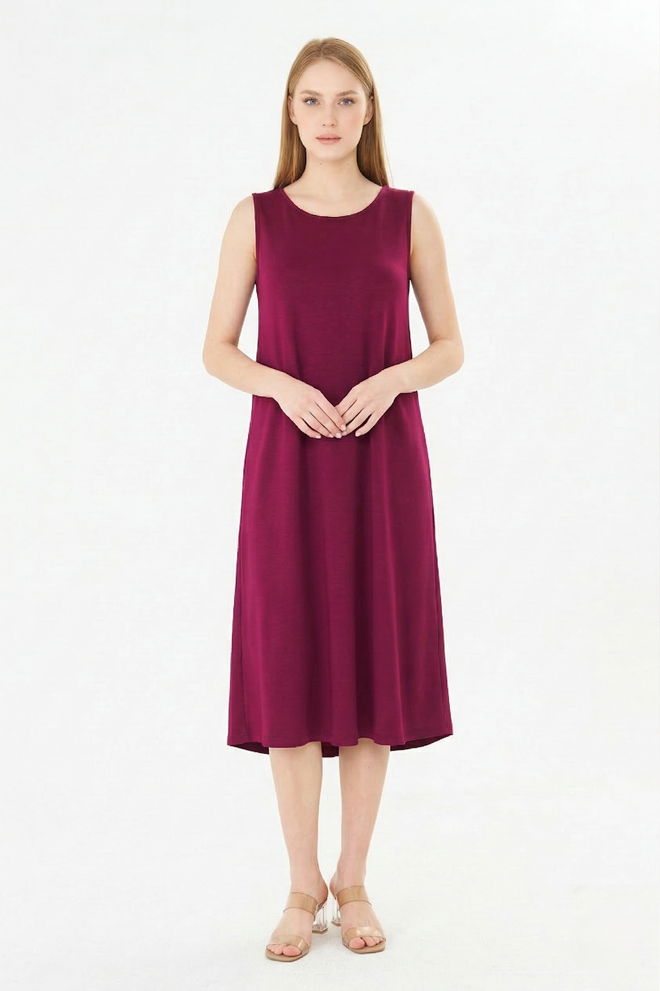 Sortie Collection Claret Red A Line Midi Dress Sleeveless Round Neck Wholesale Clothing Work