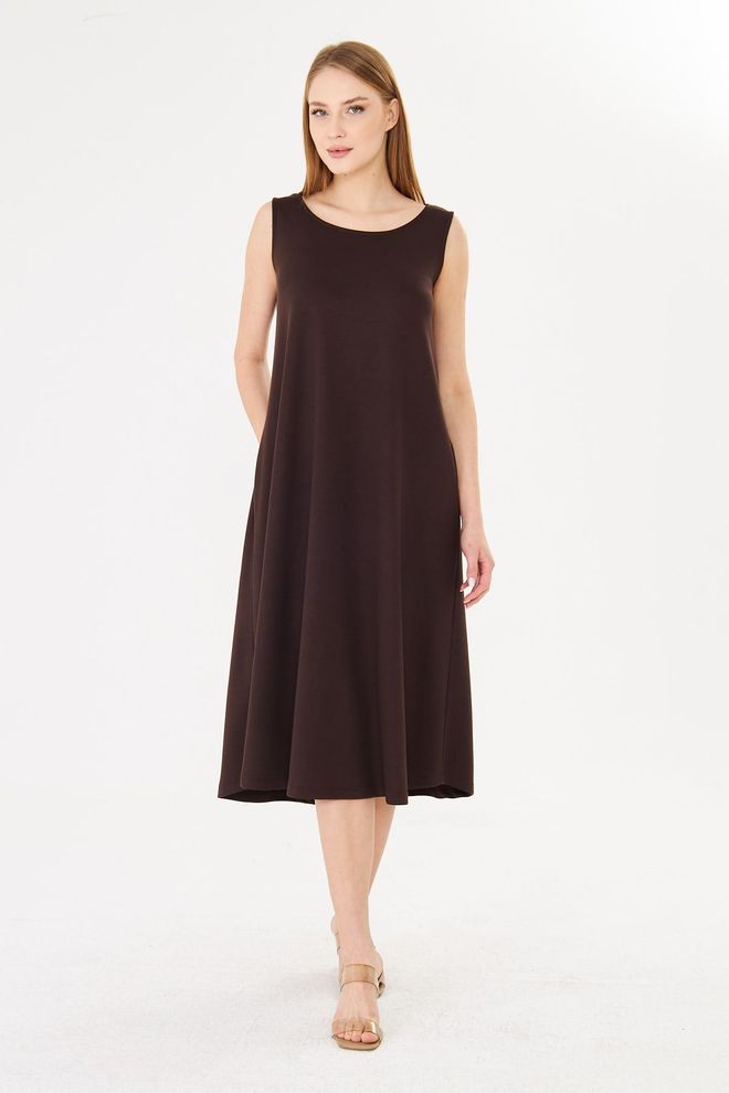 Sortie Collection Vestito Marrone Midi A line Con Manica Ad Aletta Abbigliamento all'ingrosso Casuale