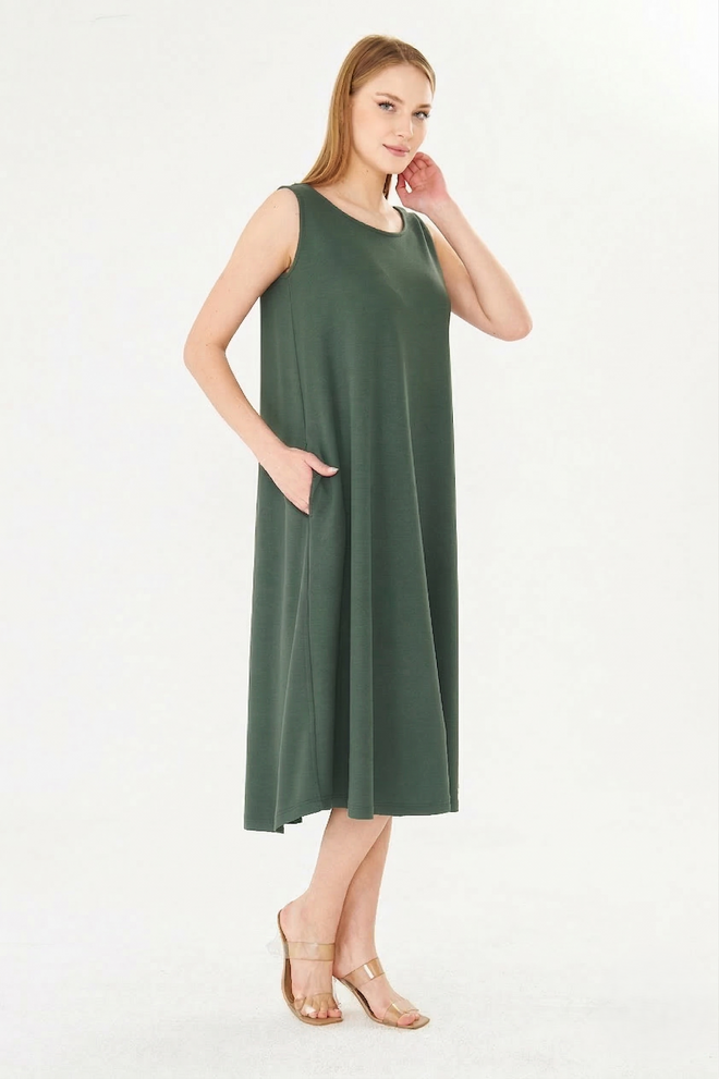 Sortie Collection Vestito Verde Camiciotto Senza Maniche Midi Manica Ad Aletta Abbigliamento all'ingrosso Modesto