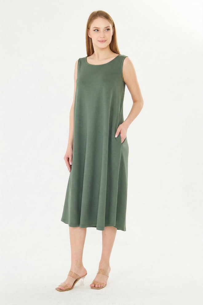 Sortie Collection Green Smock Dress Sleeveless Midi With Cap Sleeve Wholesale Clothing Casual