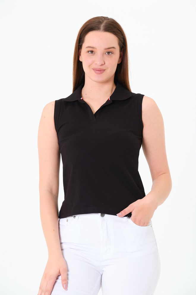 Sortie Collection T shirt Noir Basique Sans Manches À Col Polo Pour Femmes Vêtements en gros Décontracté