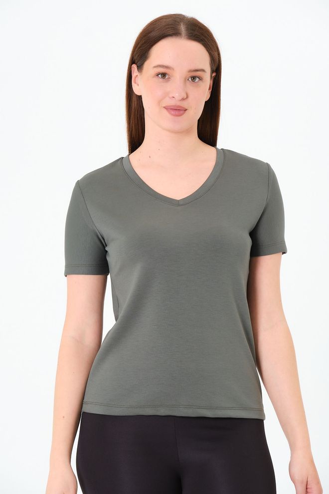Sortie Collection T shirt À Col En V En Tissu Modal Anthracite Pour Femmes Motif Décontracté Vêtements en gros Streetwear
