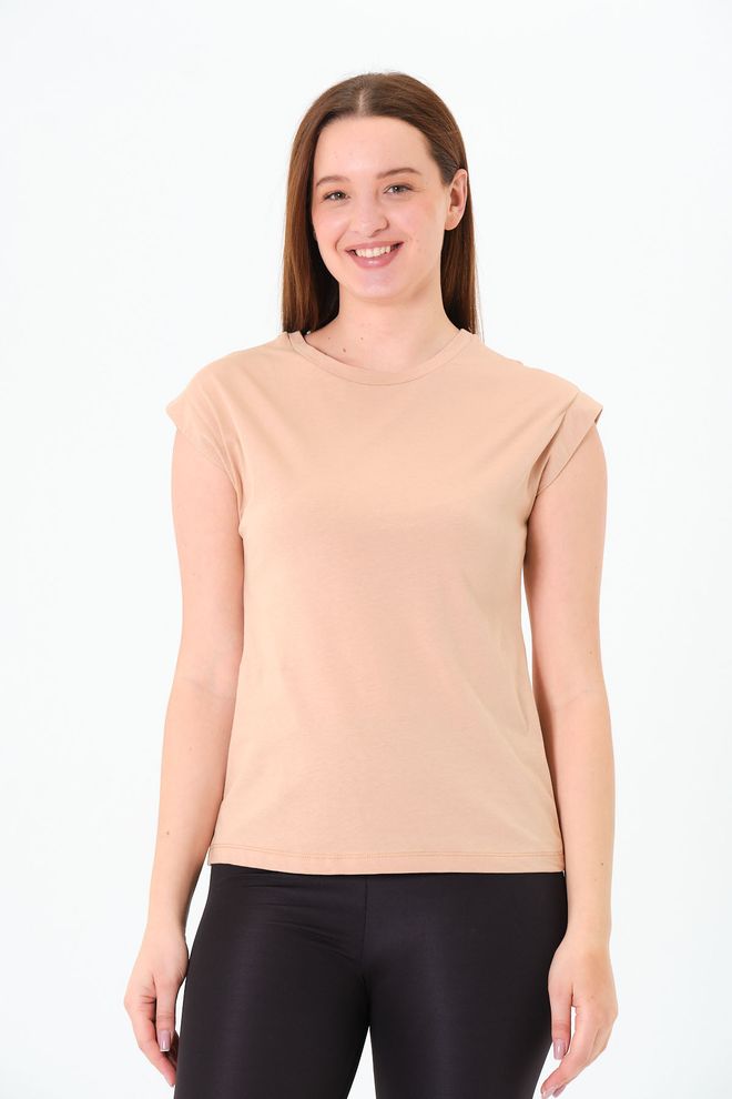 Sortie Collection Beige T shirt Met Korte Kapmouwen En Ronde Hals Casual Patroon In Modale Stof Groothandel Kleding Streetwear
