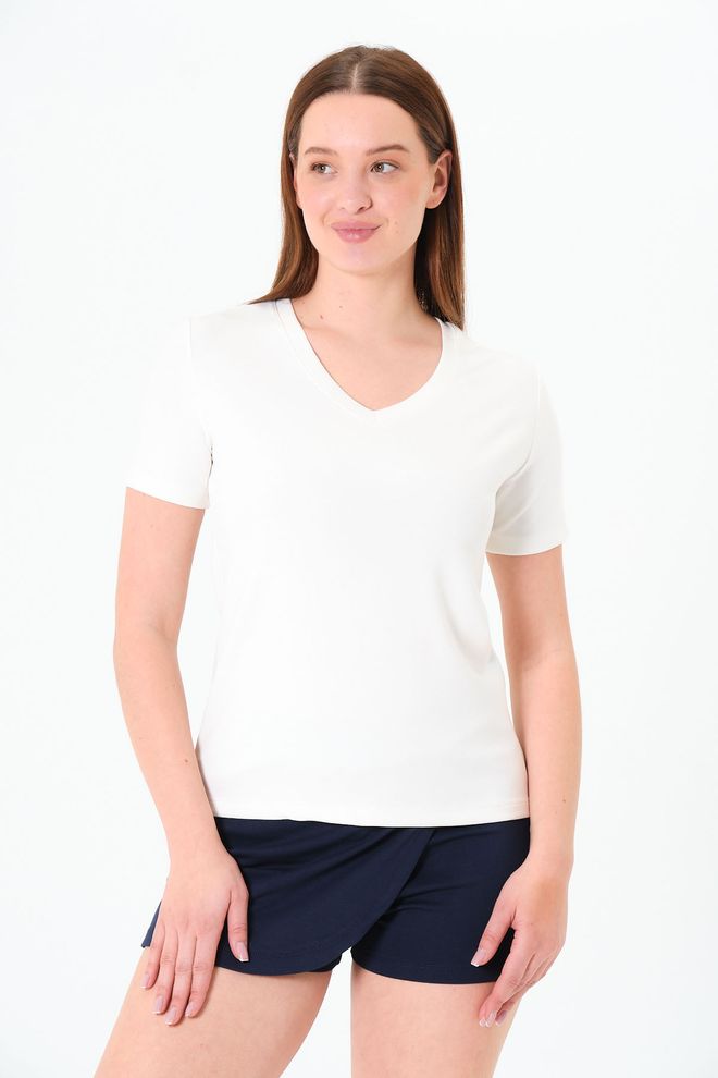Sortie Collection Ecru T shirt Met V hals En Modale Stof Voor Dames Casual Patroon Groothandel Kleding Streetwear