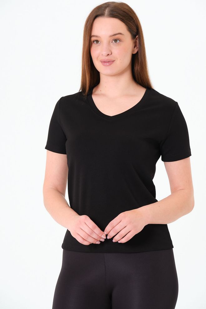 Sortie Collection Zwart T shirt Met V hals En Modale Stof Voor Dames Casual Patroon Groothandel Kleding Streetwear