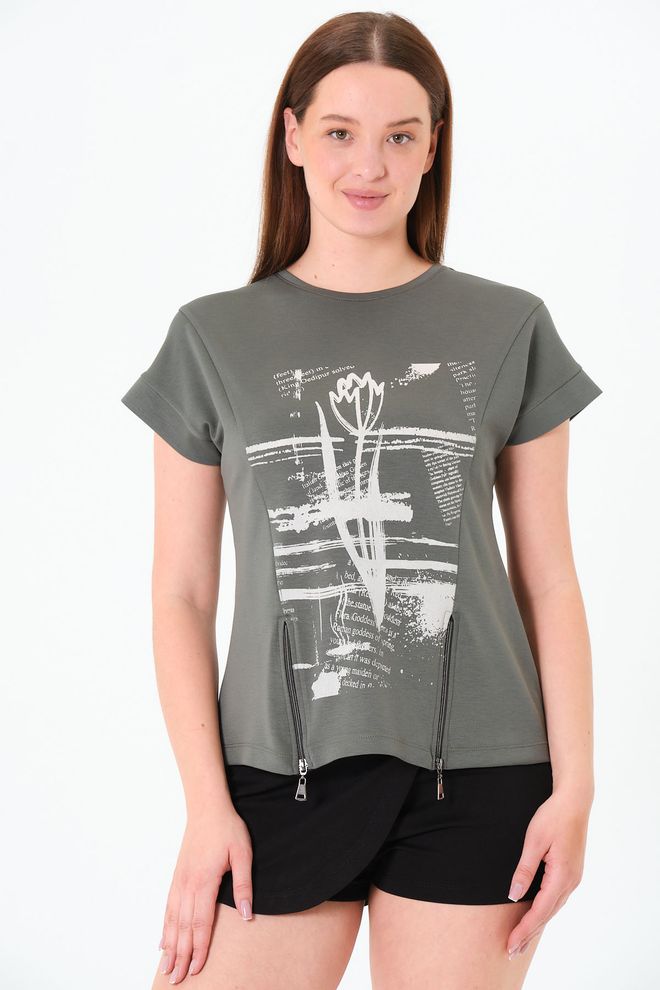Sortie Collection Kaki Blouse Met Ronde Hals En Bloemenprint Dubbele Ritssluiting Modale Stof Groothandel Kleding Streetwear