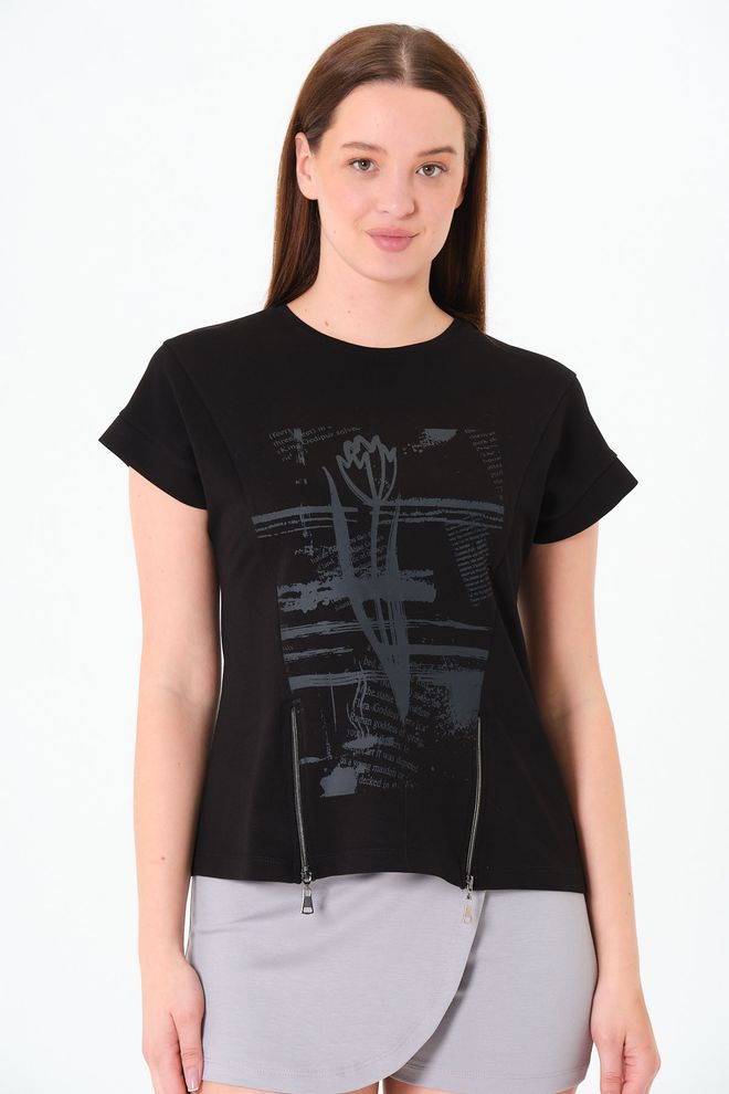 Sortie Collection Jupe À Col Rond À Imprimé Floral Pour Femmes Chemisier Noir À Double Fermeture Éclair En Tissu Modal Vêtements en gros Streetwear