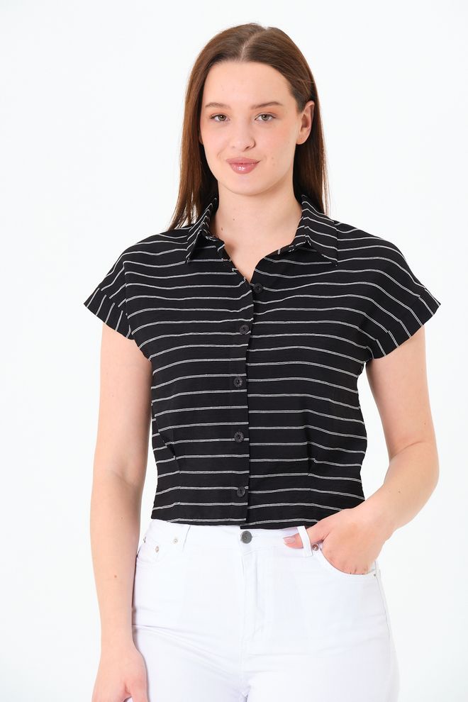 Sortie Collection Μαύρο Ριγέ Casual Πουκάμισο Με Κουμπιά Crop Χονδρικό εμπόριο ενδυμάτων Streetwear