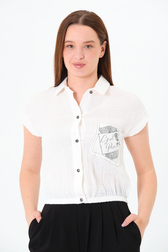 Sortie Collection Chemise Blanche Décontractée Mignonne Chic À Imprimé Lettres Et Rayures Boutonné Manches Courtes Mancherons Vêtements en gros Streetwear