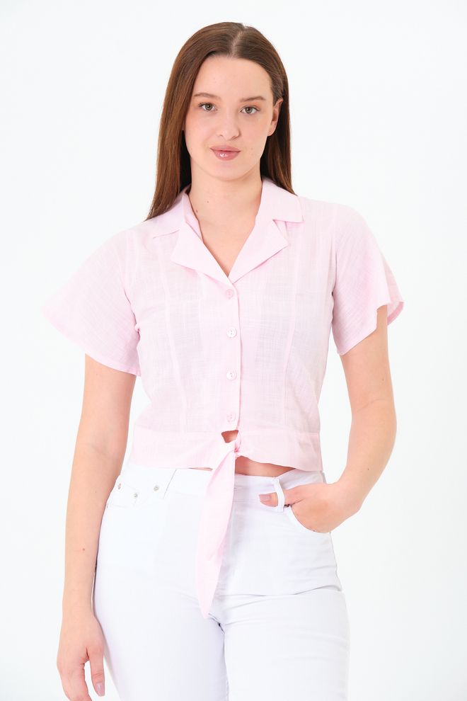 Sortie Collection Ροζ Casual Cropped Πουκάμισο Με Λαιμόκοψη Με Σχισμή Χονδρικό εμπόριο ενδυμάτων Casual