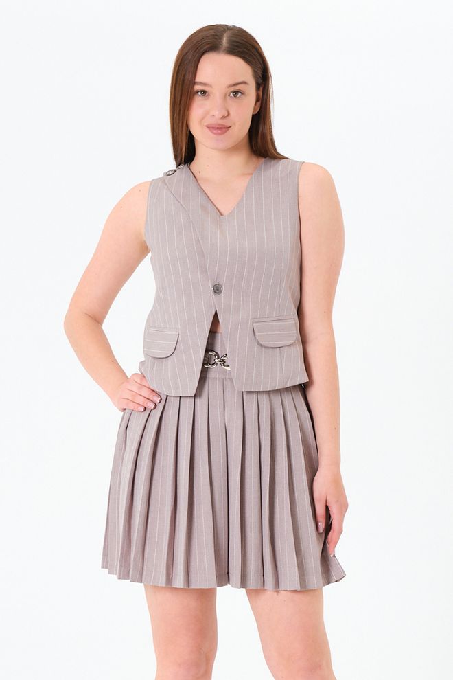 Sortie Collection Grijze Gestreepte Formele Vest Met Geknoopte Flapzakken Groothandel Kleding Casual