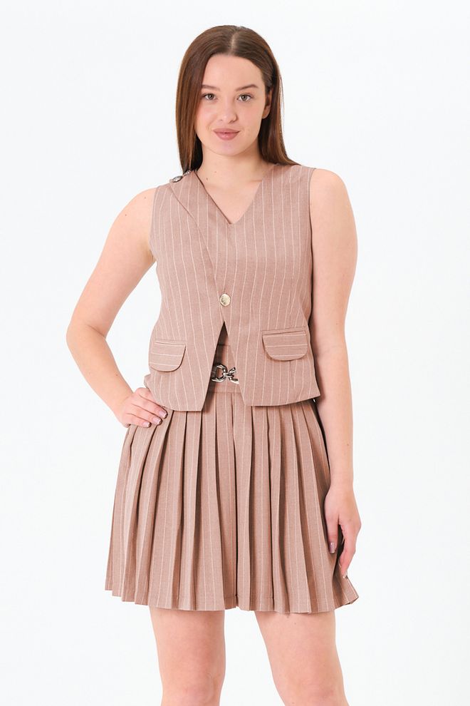 Sortie Collection Beige Gestreepte Regular Fit Vest Groothandel Kleding Casual